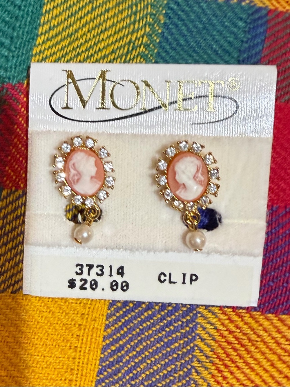 Vintage Monet Cameo Clip Earrings with Pearls